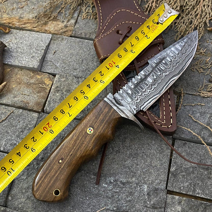 🔥 Handmade Damascus Steel Hunting Knife – Rosewood Handle & Damascus Guard + Leather Sheath