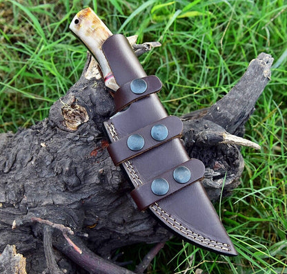 Custom Handmade Damascus Steel Skinner Knife with Sheep Horn Handle – 4.5" Blade