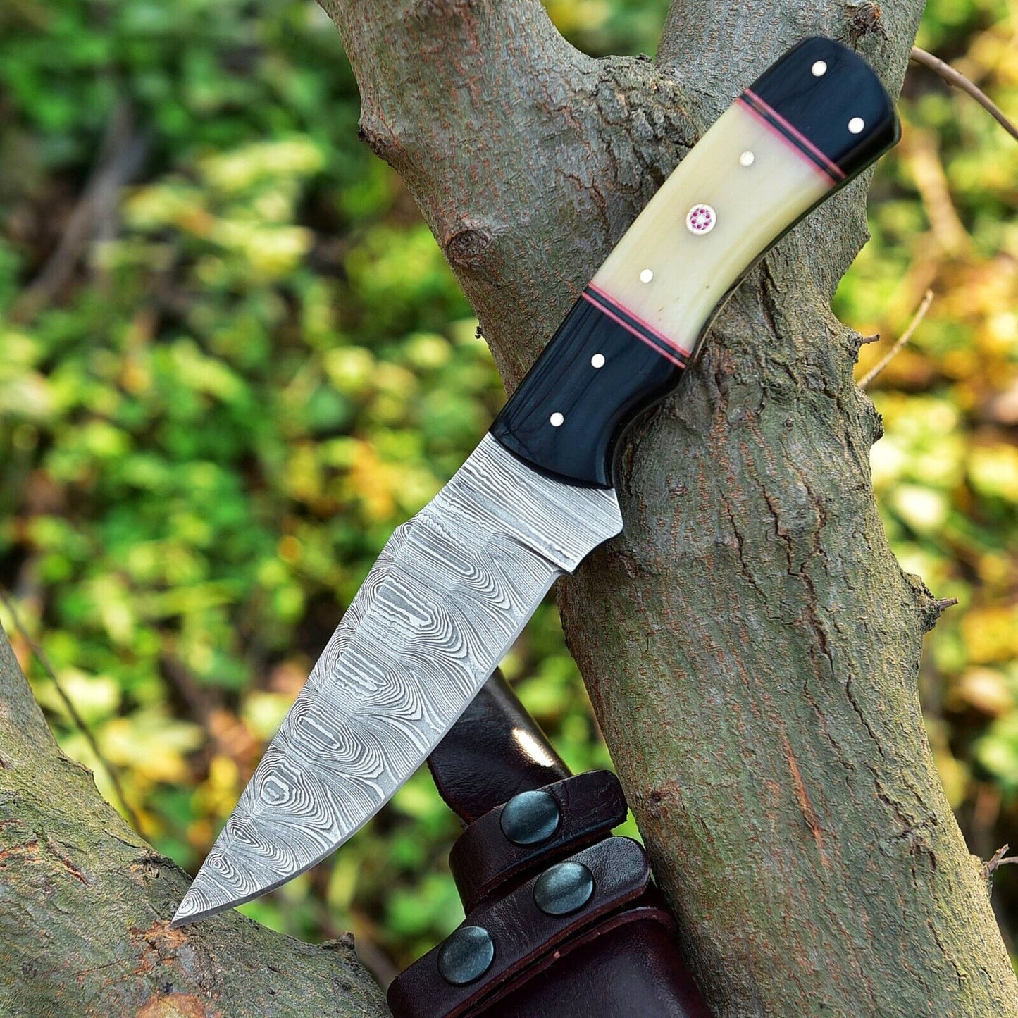 Custom Handmade Skinning Knife Set - 4.5" Damascus Blade, Camel Bone & Resin Handle