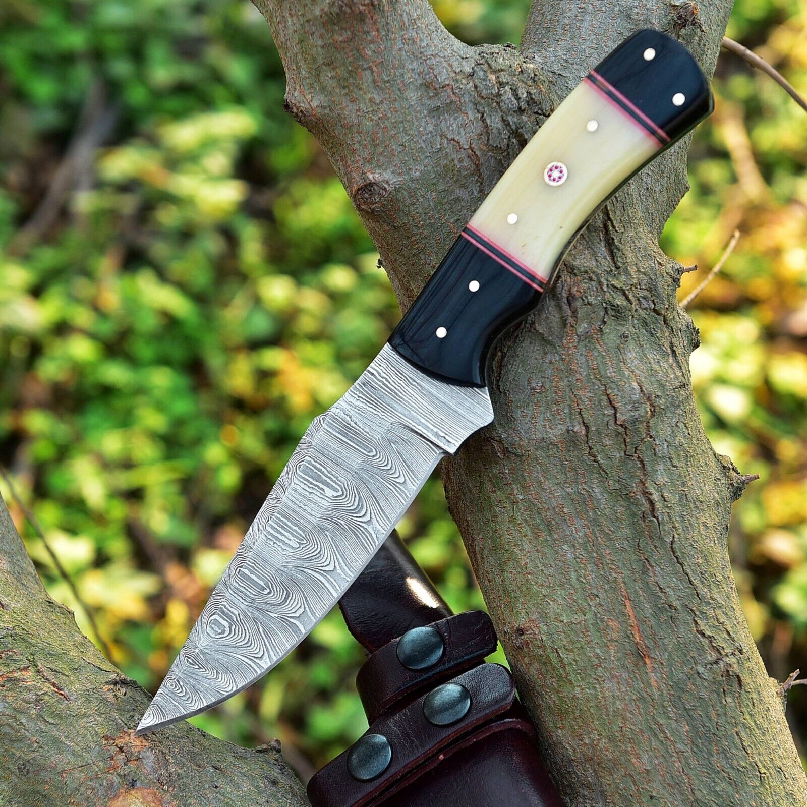 Custom Handmade Skinning Knife Set - 4.5" Damascus Blade, Camel Bone & Resin Handle