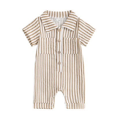 Baby Boy Striped Romper Short Sleeve Front Pocket Single-breasted Button Collar Legs Jumpsuit