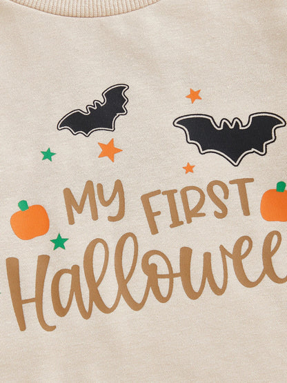 Baby Toddler Boys 2Pcs My First Halloween Outfit Letter Print Long Sleeve Top with Bat Embroidered Jogger Pants Set
