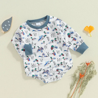 Baby Boys Fall Bodysuit Duck Print Long Sleeve Crewneck Jumpsuit Fall Spring