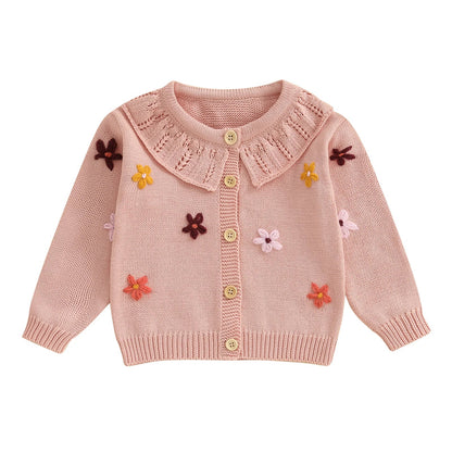 Baby Toddler Girls Cardigan Sweater 3D Flower Design Button Down Long Sleeve Knitted Top