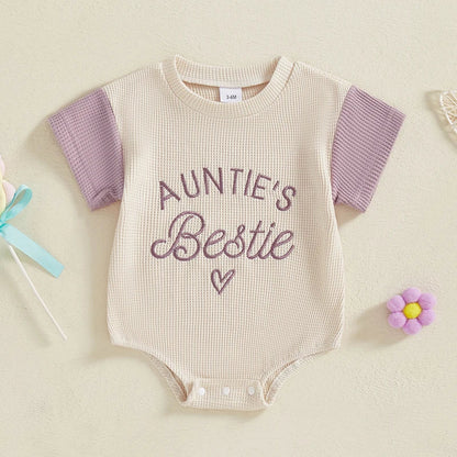 Baby Girl Auntie's Bestie Romper Contrast Color Letter Embroidery Waffle Crew Neck Short Sleeve Jumpsuit