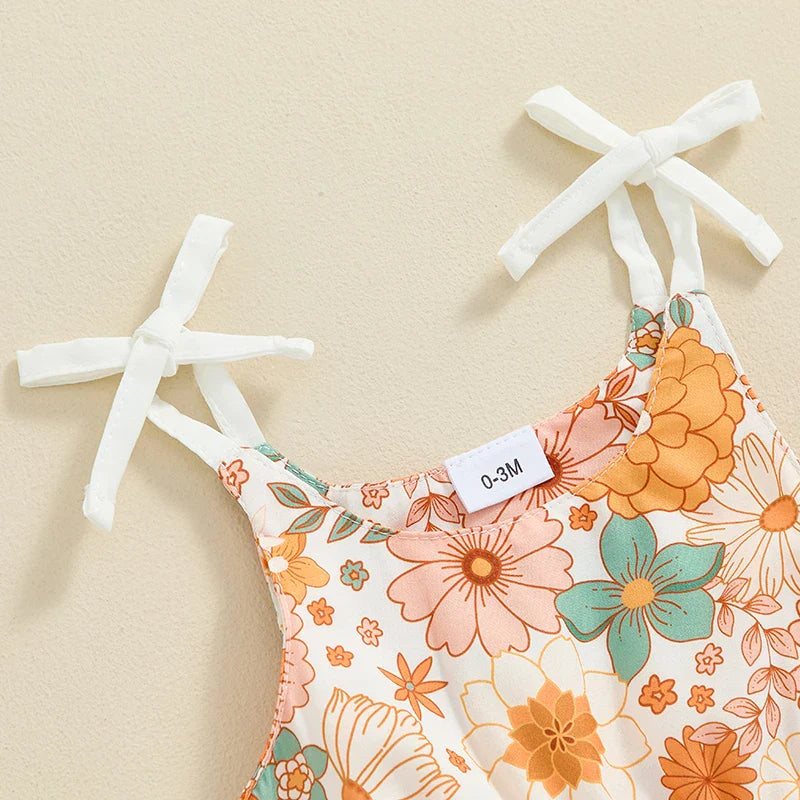 Baby Girls Summer Romper Flower/Butterfly Print Bow Tie Strap Tank Top Sleeveless Round Neck Jumpsuit