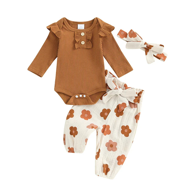 Baby Girls 3Pcs Fall Outfit Long Sleeve Ribbed Romper + Floral Flower Print Pants + Headband Set