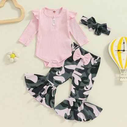 Baby Girls 3Pcs Fall Outfit Long Sleeve Ribbed Solid Color Romper Camouflage Print Flared Long Pants Headband Set