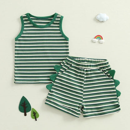 Baby Toddler Boys 2Pcs Striped Dinosaur Outfit O-Neck Sleeveless Tank Top Elastic Waist Shorts with Pockets Set