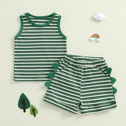Baby Toddler Boys 2Pcs Striped Dinosaur Outfit O-Neck Sleeveless Tank Top Elastic Waist Shorts with Pockets Set