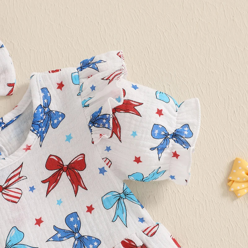 Baby Girl 2Pcs 4th of July Outfit Love Heart Star Pattern Ruffled Crew Neck Short Sleeve Romper & Bow Headband Set