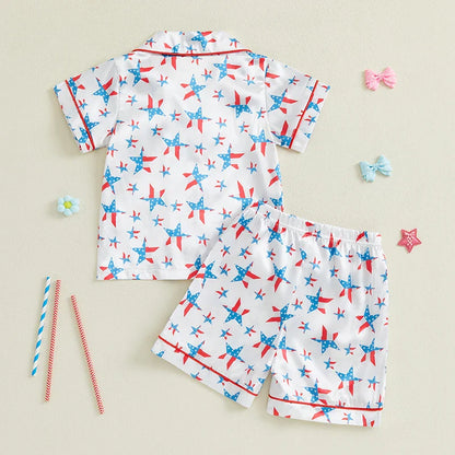 Toddler Girls Patriotic Pajamas Set Summer Star/Bow Print Button up Short Sleeves Shirt with Elastic Shorts for Loungewear