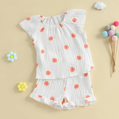 Baby Toddler Girls 2Pcs Floral Outfit Cap Sleeve T-shirt Top Elastic Waist Ruffle Shorts Summer Set
