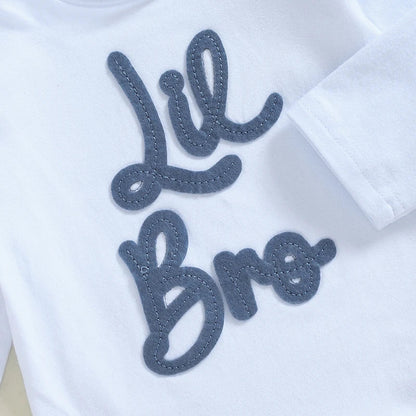 Baby Boys Girls 3Pcs Lil Bro / Sis Fall Outfit Letter Embroidery Long Sleeve Romper Checkered Print Pants Beanie Hat Set