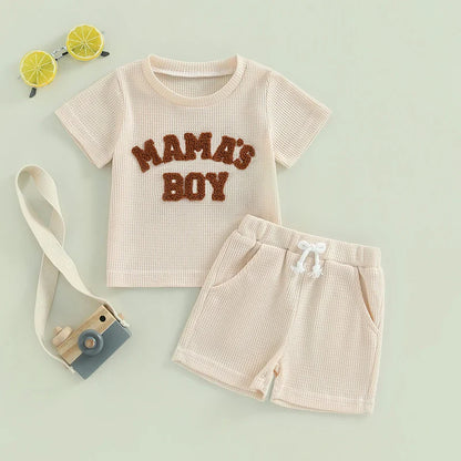 Baby Toddler Boy 2Pcs Mama's Boy Letter Embroidery Short Sleeve Top Matching Shorts Set Waffle Outfit