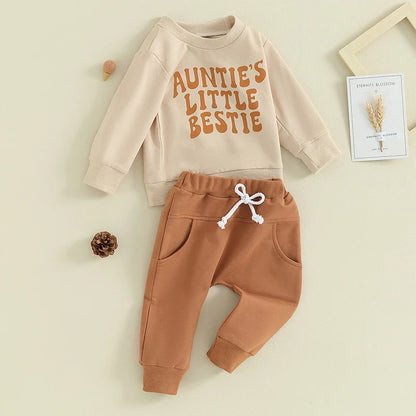 Baby Toddler Boys Girls 2Pcs Clothes Set Letter Auntie's Little Bestie Print Long Sleeve Pullover Top Jogger Pant Outfit