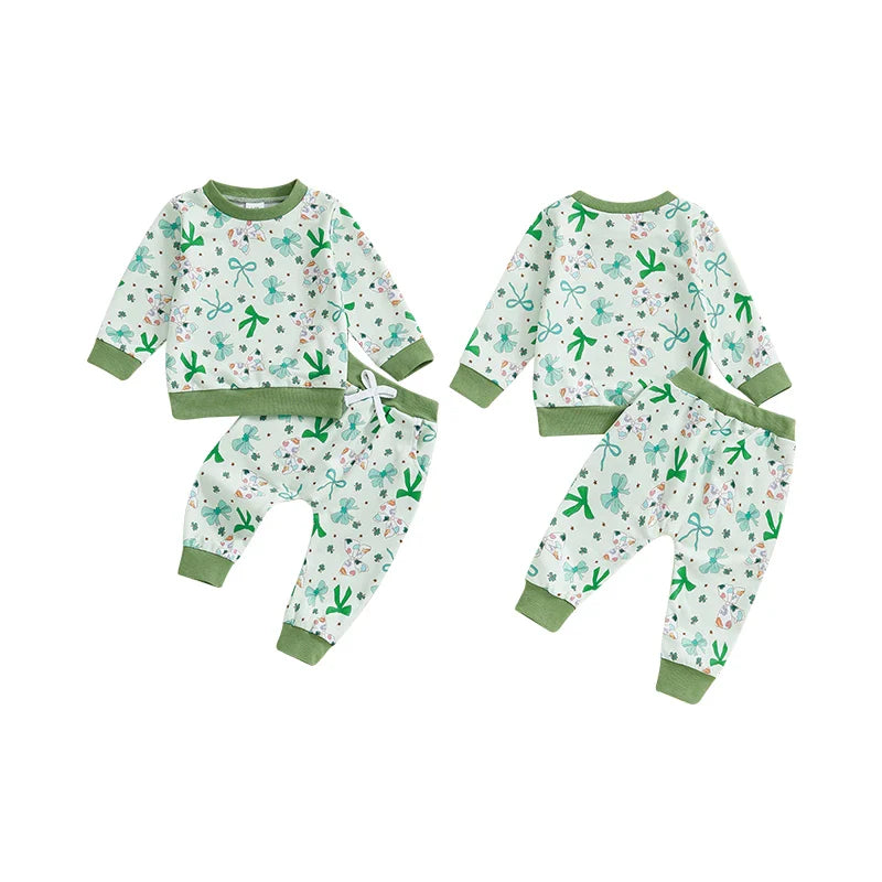 Baby Toddler Girls 2Pcs St. Patrick's Day Outfit Long Sleeve O Neck Bow Clover Shamrock Print Top Pants Jogger Set