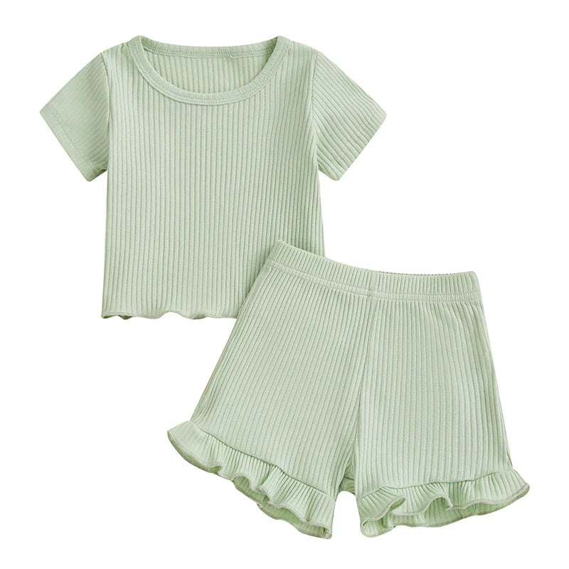 Baby Toddler Girls 2Pcs Ribbed Outfit Solid Color Short Sleeve T-Shirt Top Elastic Waist Ruffle Shorts Set
