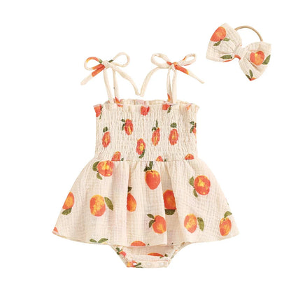 Baby Girls 2Pcs Summer Romper Dress Sleeveless Peach Print Cami Tank Playsuit with Headband Set