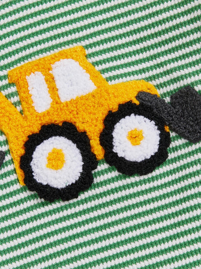 Baby Boy Fall Bubble Romper Casual Digger Tractor Embroidery Striped Long Sleeve Jumpsuit Infant Cute Outfit