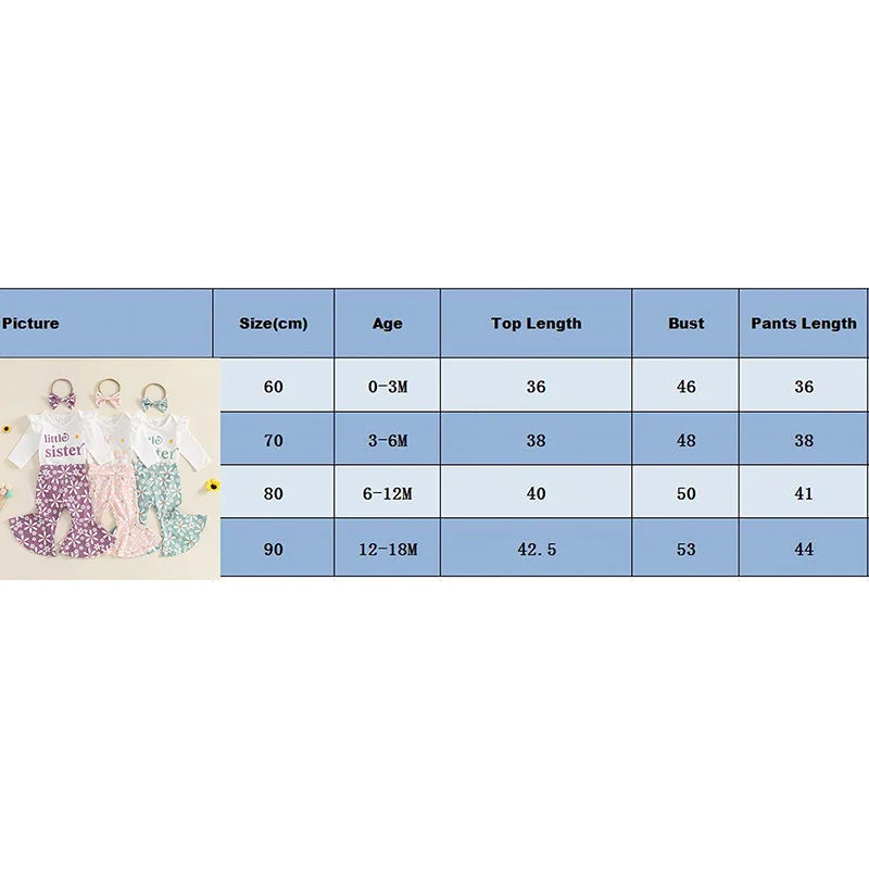 Baby Girls 3Pcs Little Sister Fall Set Frill Sleeve Letter Print Romper Floral Flower Flared Pants Headband Outfit