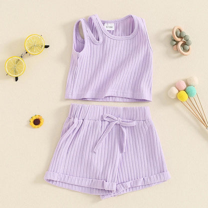 Baby Toddler Girls 2Pcs Ribbed Tank Top Elastic Waistband Drawstring Shorts Matching Outfit Set