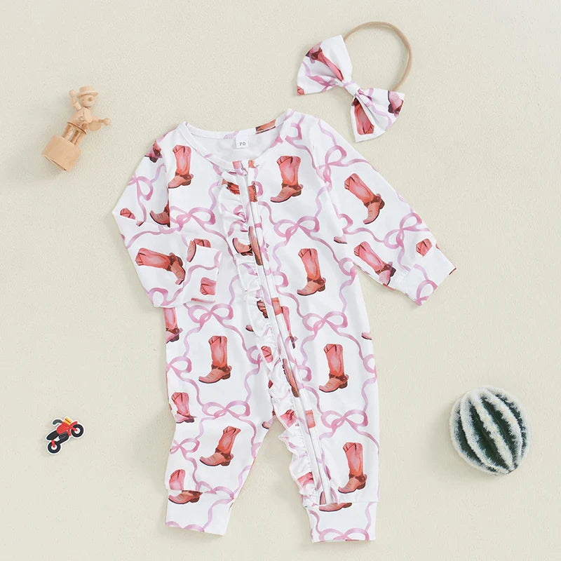 Baby Girl 2Pcs Fall Jumpsuit Ruffled Zip Up Boots Ribbons Print Long Sleeve Round Neck Zipper Romper Bow Headband Set