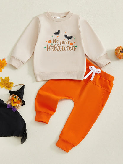 Baby Toddler Boys 2Pcs My First Halloween Outfit Letter Print Long Sleeve Top with Bat Embroidered Jogger Pants Set