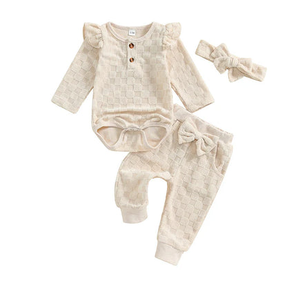 Baby Girls 3Pcs Set Checkered Button Long Sleeve Round Neck Ruffled Romper Long Pants Hair Band Outfit