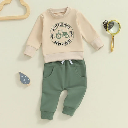 Baby Toddler Boys 2Pcs A Little Dirt Never Hurt/ Just One More Tractor I Promise Fall Outfit Letter Tractor Print Long Sleeve Top and Long Pants Set
