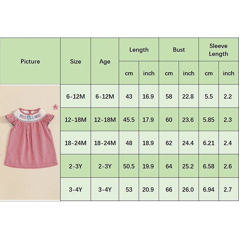 Baby Toddler Girls 4th of July Dress Loose Fit Plaid American Flag Embroidery Smocked Crew Neck Flying Sleeve Dress