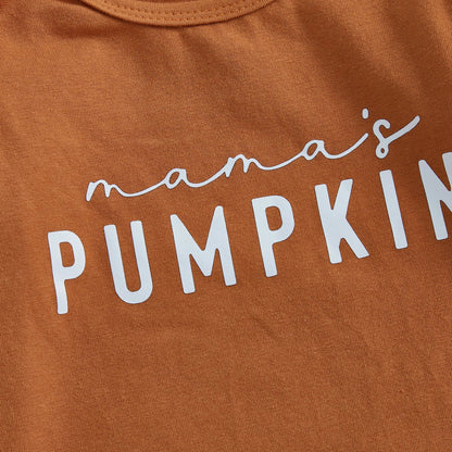 Baby Girls 4Pcs Halloween Outfit Letter Mama's Pumpkin Long Sleeve Romper Pumpkin Ruffle Shorts Skirt Bow Headband Solid Stockings Set