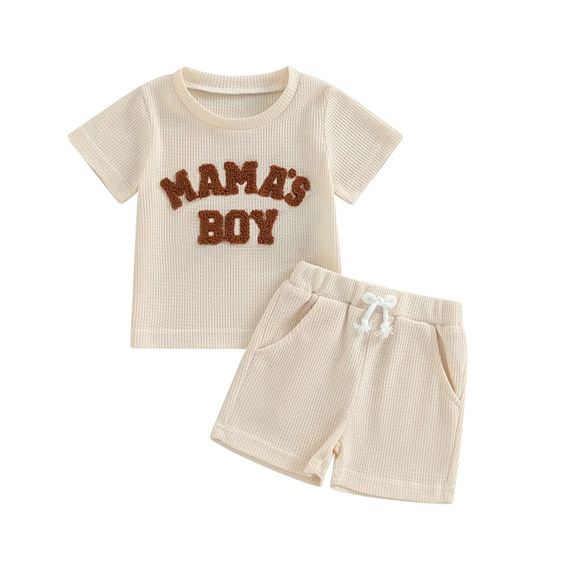 Baby Toddler Boy 2Pcs Mama's Boy Letter Embroidery Short Sleeve Top Matching Shorts Set Waffle Outfit