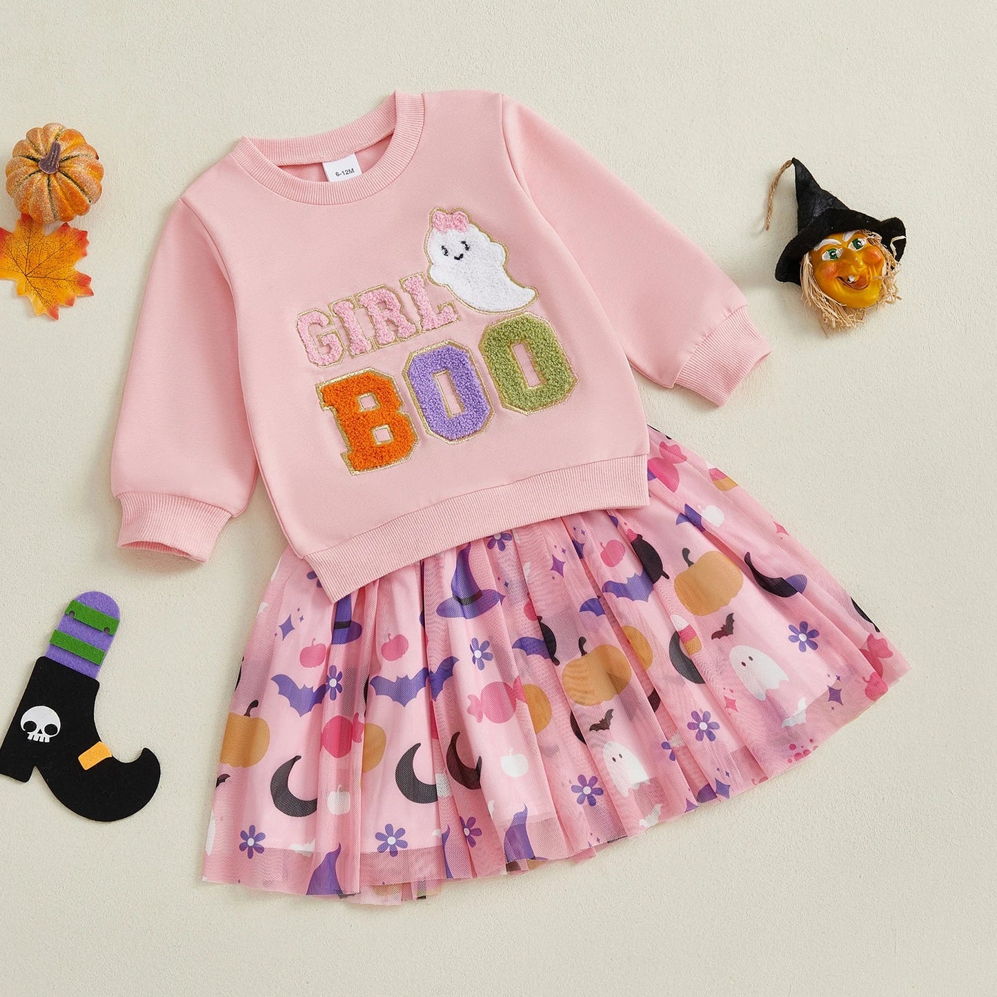 Baby Toddler Girls 2Pcs Girl Boo Halloween Outfit Long Sleeve Letter Ghost Embroidery Tops A-line Tulle Skirt Set