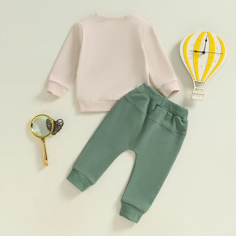 Baby Toddler Boys 2Pcs Big / Little Brother Matching Siblings Autumn Outfit Long Sleeve O Neck Letter Tractor Print Top Solid Color Pants Set