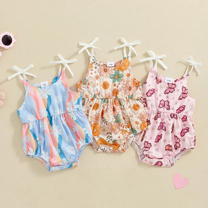 Baby Girls Summer Romper Flower/Butterfly Print Bow Tie Strap Tank Top Sleeveless Round Neck Jumpsuit
