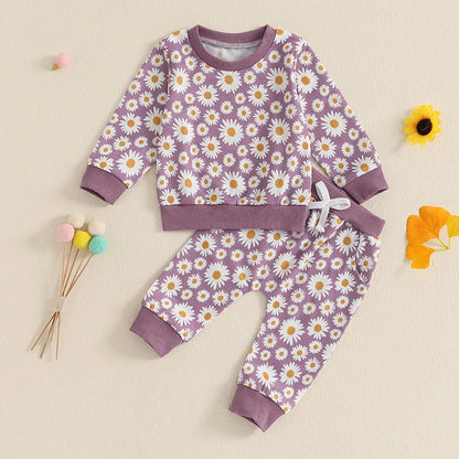 Baby Toddler Girls 2Pcs Fall Outfit Daisy Flower Print Long Sleeve Crewneck Top and Elastic Pants Jogger Set