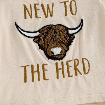 Baby Toddler Boys 2Pcs New To The Herd Summer Outfit Letter Cow Embroidery Round Neck Short Sleeve T-Shirt Top Elastic Waist Shorts Set