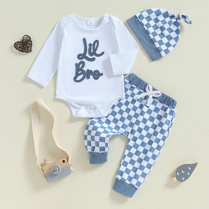 Baby Boys Girls 3Pcs Lil Bro / Sis Fall Outfit Letter Embroidery Long Sleeve Romper Checkered Print Pants Beanie Hat Set