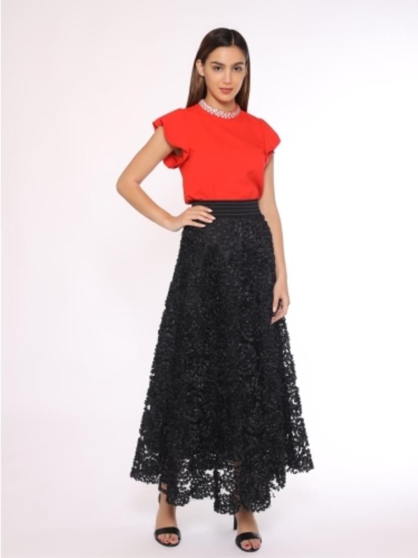 Gracia Three-Dimensional Flower Detail Long Mesh Skirt S21249