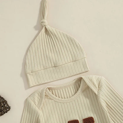Baby Boy 2Pcs Lil Bro Jumpsuit and Hat Set Long Sleeve Round Neck Letter Print Ribbed Romper with Beanie Outfit