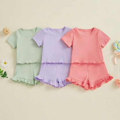 Baby Toddler Girls 2Pcs Ribbed Outfit Solid Color Short Sleeve T-Shirt Top Elastic Waist Ruffle Shorts Set