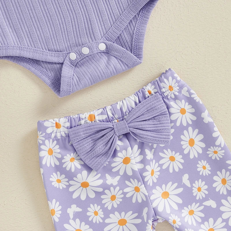 Baby Girl 3Pcs Fall Outfit Long Sleeve Ribbed Romper Daisy Flower Flare Pants Bow Headband Set
