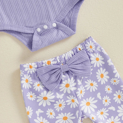 Baby Girl 3Pcs Fall Outfit Long Sleeve Ribbed Romper Daisy Flower Flare Pants Bow Headband Set