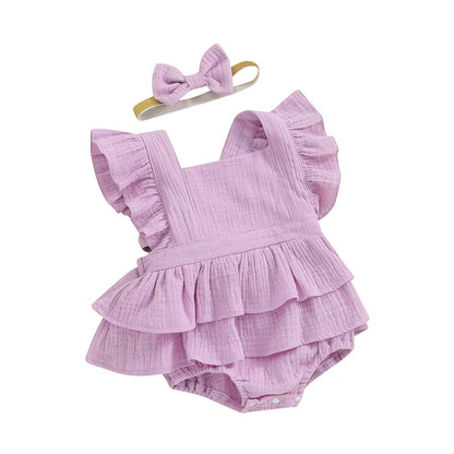 Baby Girls 2Pcs Romper Dress Solid Color Fly Sleeve Skirt Hem Tank Top Bodysuit Summer Clothes with Headband Set