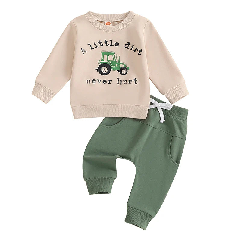 Baby Toddler Boys 2Pcs Fall A Litte Dirt Never Hurt Letter Tractor Print Long Sleeve Round Neck Top Drawstring Pocket Long Pants Outfit Set