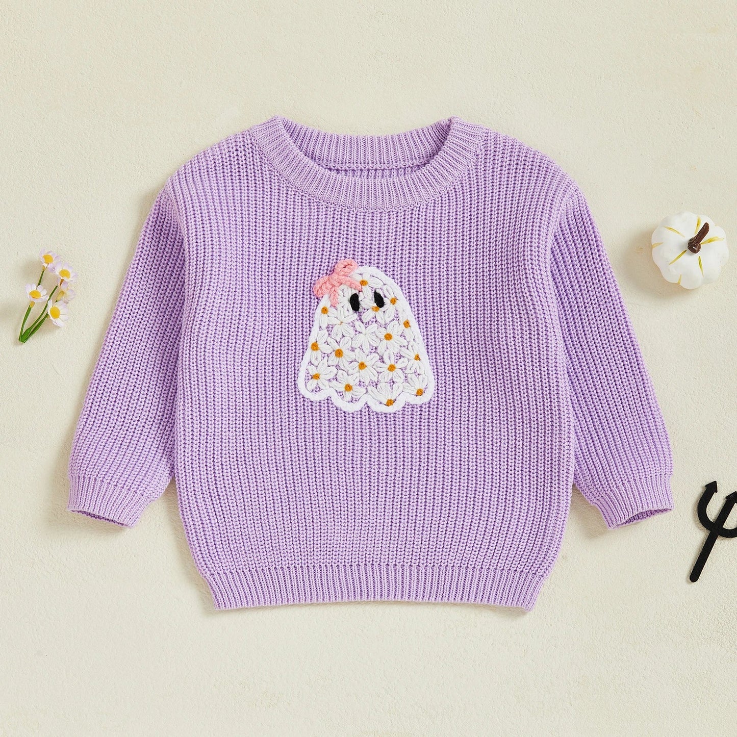 Baby Toddler Kids Girl Halloween Sweater Long Sleeve Round Neck Ghost Flower Embroidery Knit Pullover Top