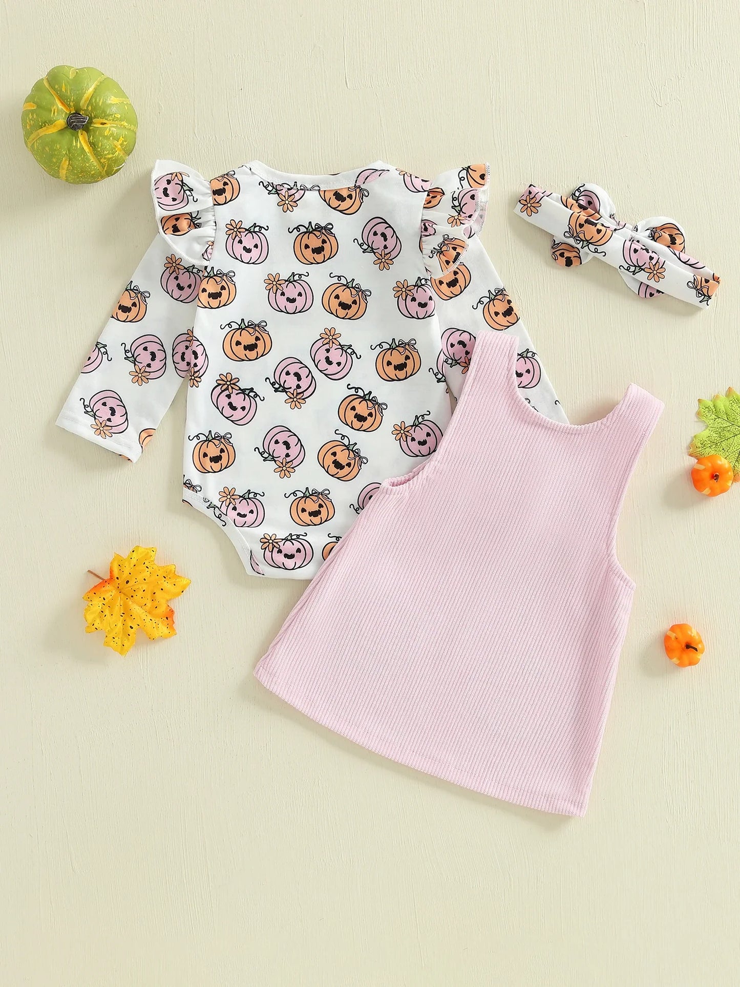 Baby Girls 3Pcs Halloween Outfit Pumpkin Print Long Sleeves Romper and Overall Tank Dress Bow Headband Set