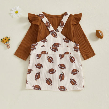 Baby Toddler Girls 2Pcs Fall Outfit Long Sleeve Romper + Football Print Overall Dress Set Clothes