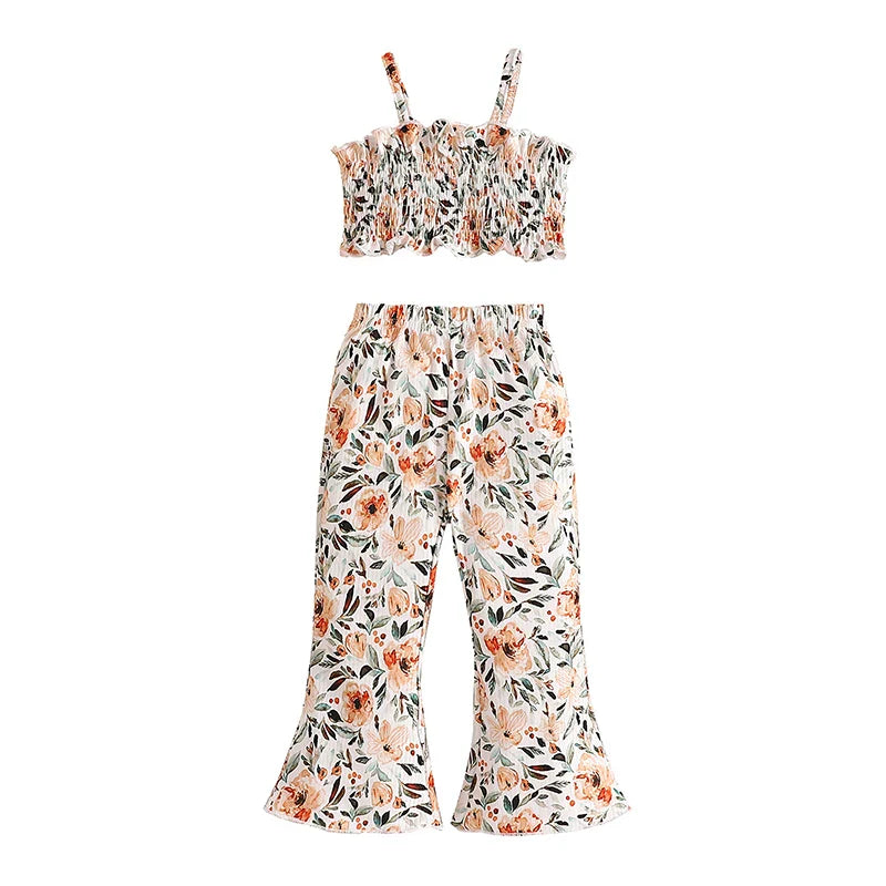 Baby Toddler Kids Girls 2Pcs Summer Sleeveless Tank Top Ruched Floral Flower Print Camisole Flared Matching Long Pants Set Outfit